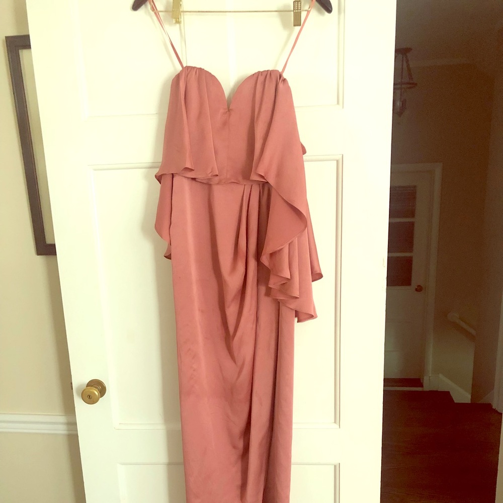 Shona Joy Blush Over the Shoulder Ruffle dress
